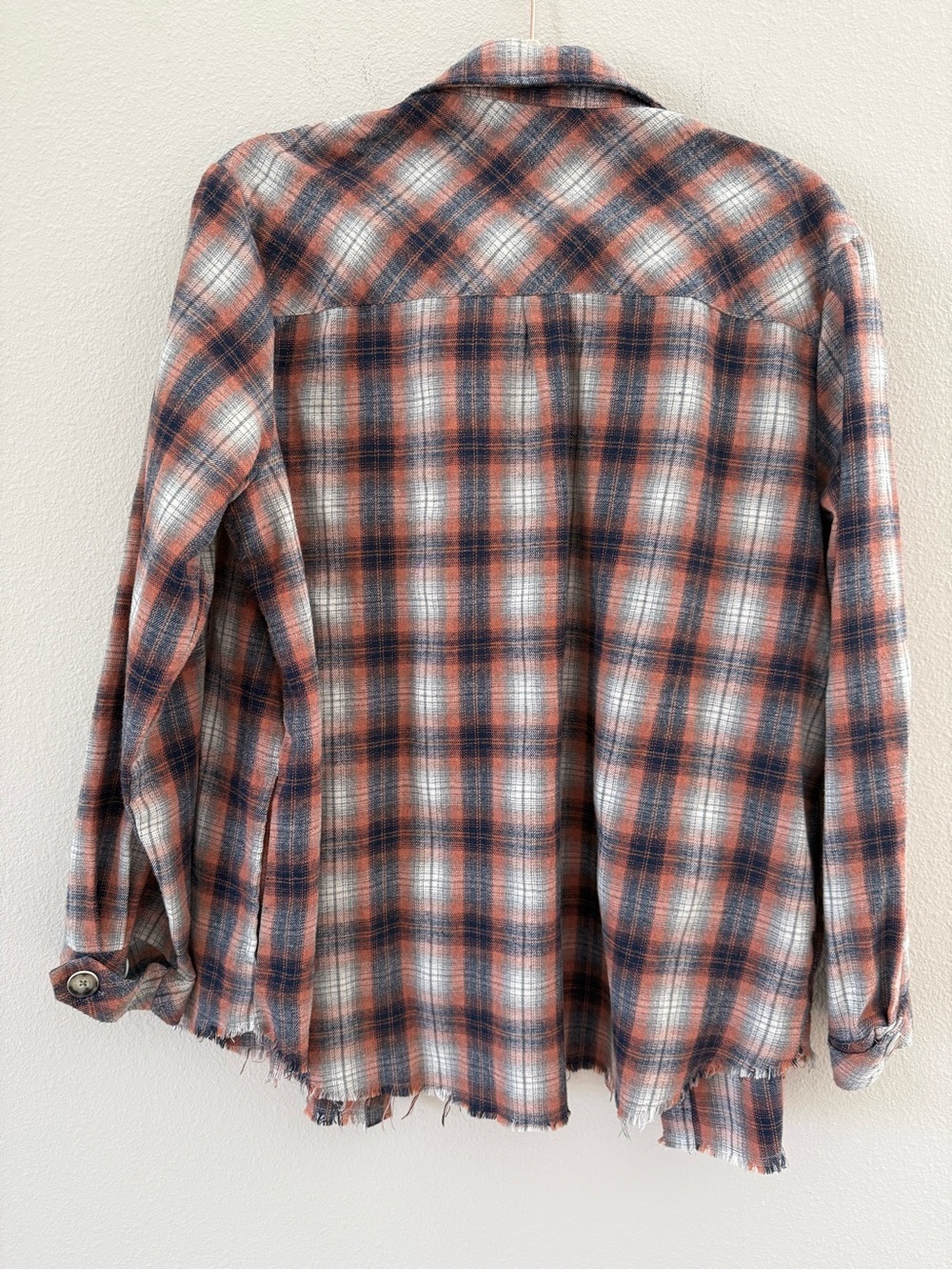 Democracy Plaid Button Down Flannel in Rust and Navy Raw Hem Medium - Picture 4 of 5
